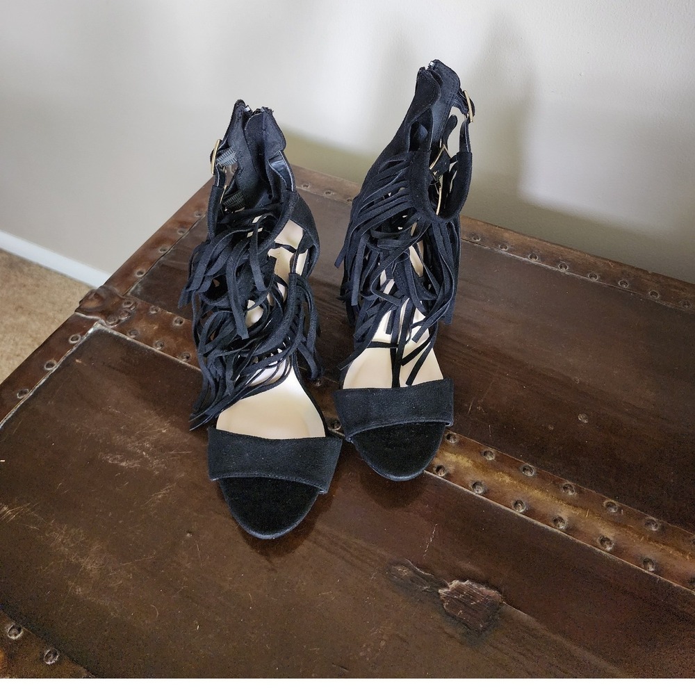 Wild Diva Lounge Black Fringe‎ Heels Size 8 Ankle Strap Open Toe Boho Festival